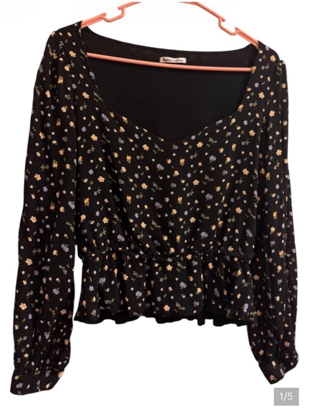 Reformation Black Floral Peplum Blouse with Yellow and Lavender Accents
